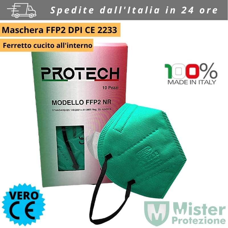 Mascherina FFP2 PROTECH made in italy di colore VERDE cert. 2233 - Confezione da 50 Pezzi