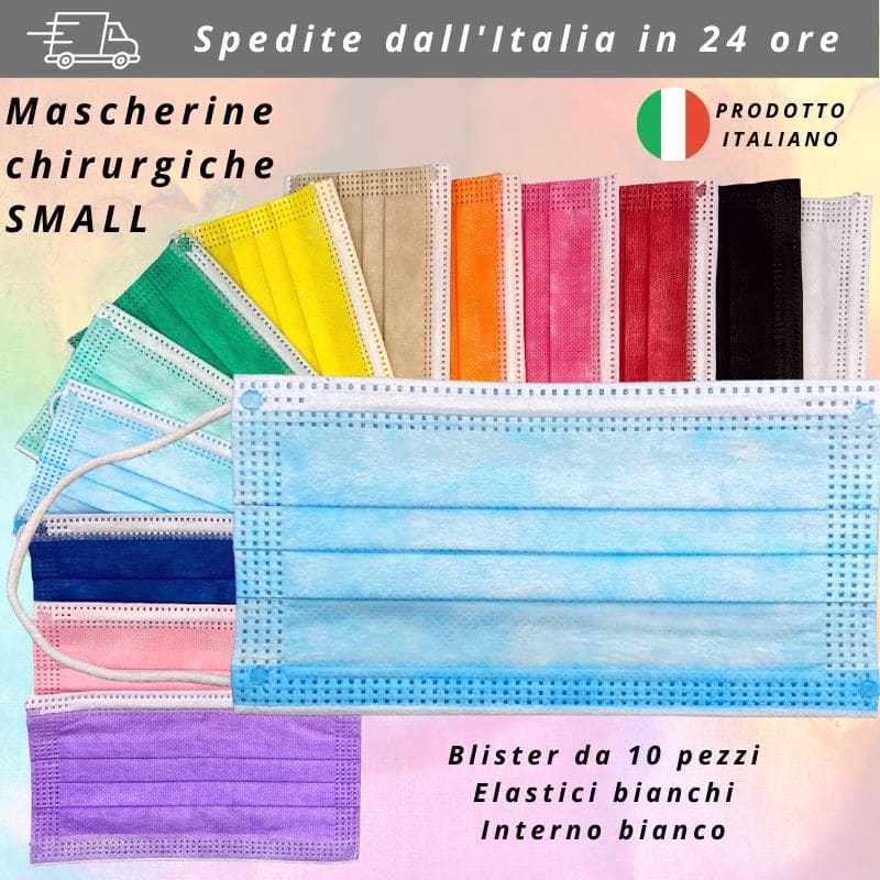 Mascherine chirurgiche DM in blister da 10 pezzi, taglia small, colorate, MADE IN ITALY notifica ministero della salute, colore AZZURRO
