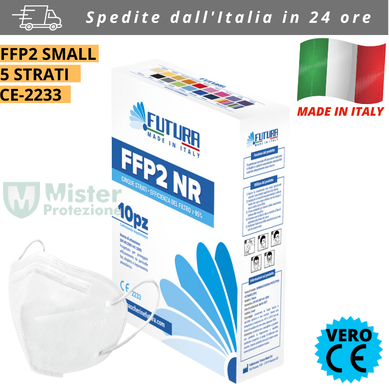 Mascherina FFP2 Small Futura Colore Bianco MADE IN ITALY CERTIFICATA CE-2233 DPI - Confezione da 50 Pezzi