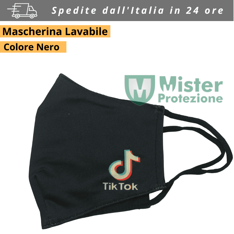 Mascherina Cotone Tessile Unisex - Modello Nero logo TikTok